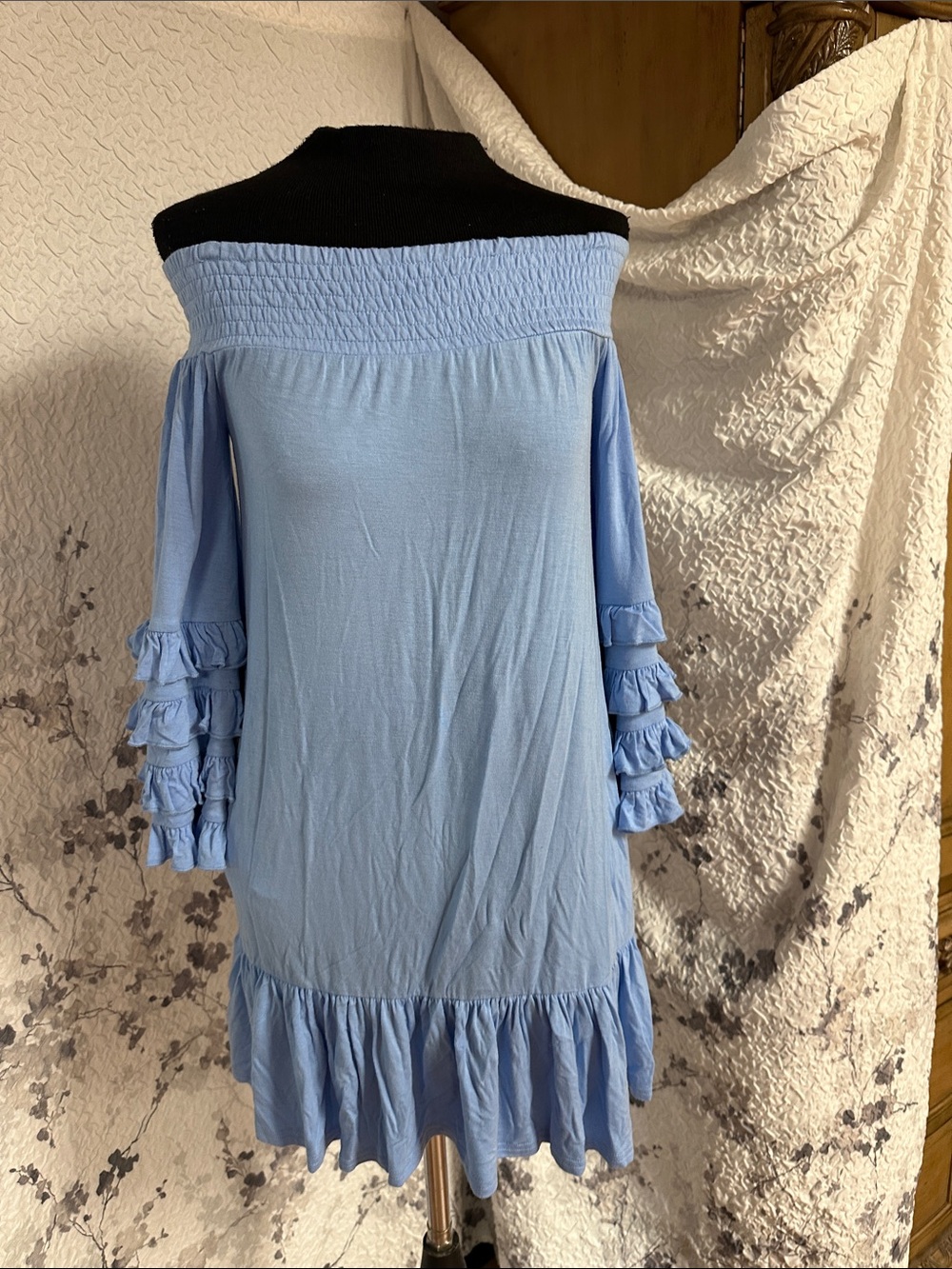 bebe Light Blue Off-Shoulder Ruffle Dress